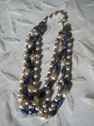 Vintage STAR Brand Costume Jewelry 4 Strand Blue Tiger Striped Gems Necklace 5