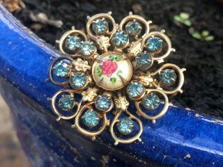 Vintage Starburst Brooch,  Rich Blue Rhinestones,  Gold Tone,  Rose Floral Flower