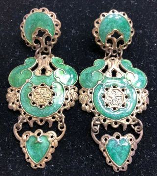 Vintage Silver Green Enamel Dangling Pierced Earrings 2.  75x1.  5 Inches