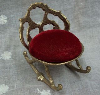 Vtg Signed Vip C Metal Chair Pincushion Goldtone Color / Red Cushion