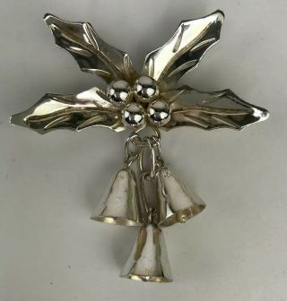 Vintage Taxco Mexico Sterling Silver 925 Christmas Holly Bells Signed Pin Brooch