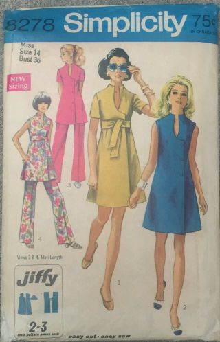 Simplicity 8278 Vintage 1969 Sewing Pattern Tunic Top Pants Dress Size 14