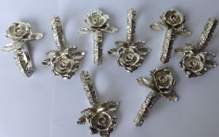 8 Vintage Princess House Napkin Rings Silver Tone Metal Rose Place Card Holders
