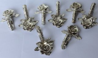 8 Vintage Princess House Napkin Rings Silver Tone Metal Rose Place Card Holders 2