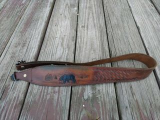 Awesome Vintage Tooled Leather Rifle Sling Bleack Bear Pines Mountains Scene Vgc
