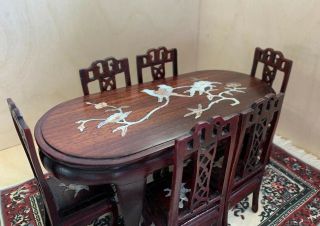 Vintage Asian Rosewood Miniature Dollhouse Dining Table Chairs Inlaid Wood