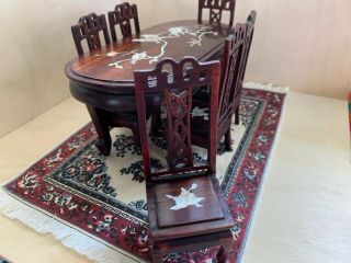 Vintage Asian rosewood miniature dollhouse Dining table chairs inlaid Wood 3