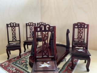 Vintage Asian rosewood miniature dollhouse Dining table chairs inlaid Wood 4