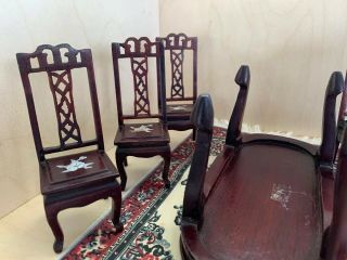 Vintage Asian rosewood miniature dollhouse Dining table chairs inlaid Wood 5