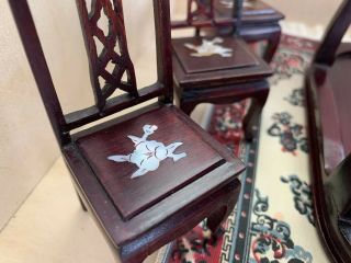 Vintage Asian rosewood miniature dollhouse Dining table chairs inlaid Wood 6