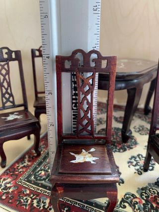 Vintage Asian rosewood miniature dollhouse Dining table chairs inlaid Wood 7