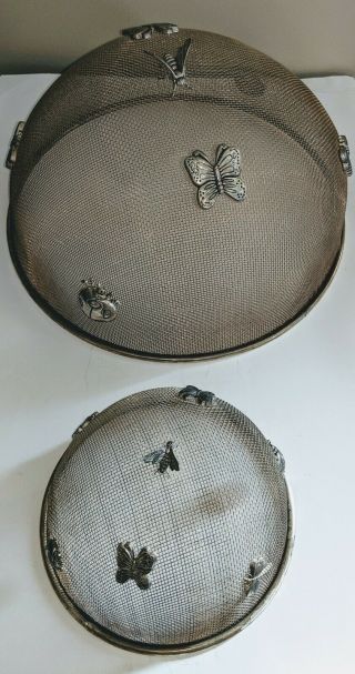 2 Vtg Silver Round Metal Mesh Screen Food Cover Picnic Party Fly Mosquito Dome