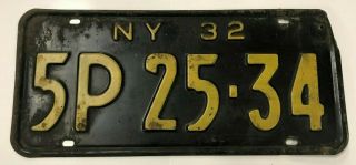 Vintage 1932 Yellow On Black York State License Plate Ny 32 Antique Metal