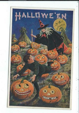 Vintage Halloween Post Card Postcard Pumpkins Witch Moon