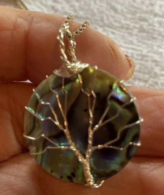 Vintage Tree Of Life Sterling Abalone Shell Pendant On 18 " Sterling Box Chain