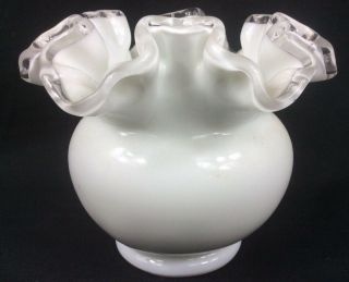 Vintage Fenton White Silvercrest Ruffled Edge Rose Bowl Vase 4 " Tall