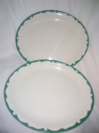 2 VTG Buffalo China Restaurant Ware GREEN SCALLOP Trim Oval Platter 5