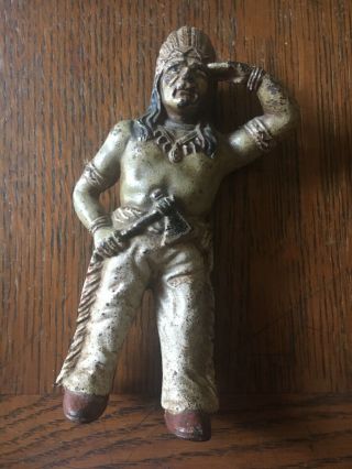 Vintage Cast Iron Indian Chief W/ Hatchet.  Coin Bank With Coin Still In Bank 6 "