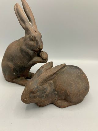 Vintage Antique Pair Cast Iron Bunny Rabbit Doorstop Garden Statue