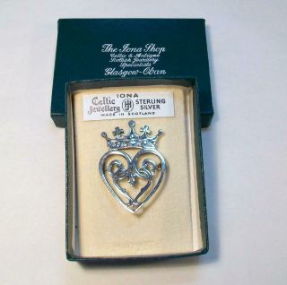Signed Made In Scotland Celtic Heart & Crown Vtg Sterling Silver Pin Orig.  Box