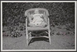 F434 - Big Doll Posed In Wicker Chair Old/vintage Photo Snapshot