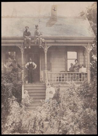 F439 - Family Pose On Steps Porch & Roof Top Old/vintage Photo Snapshot
