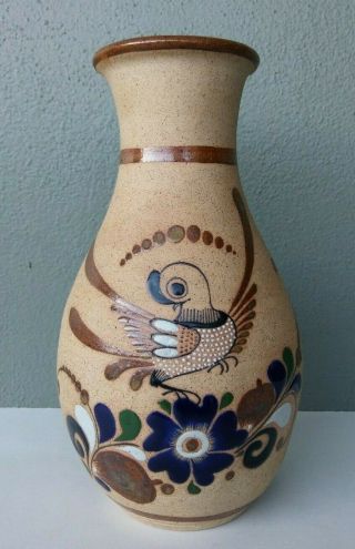 Vintage Mexican Folk Art Pottery Vase W/ Bird - Mexico - 10 1/2 "