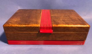 Vintage Pilliod Art Deco Wooden Box Red Bakelite Handle Mirror Jewelry Red Trim