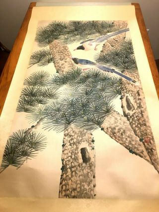 Vintage Oriental Large Scroll Hand Painted Birds And Tree