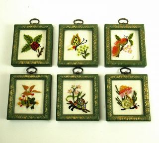 Set Six Miniature Vintage Crewel Garden Insects Frog Butterfly Complete Framed