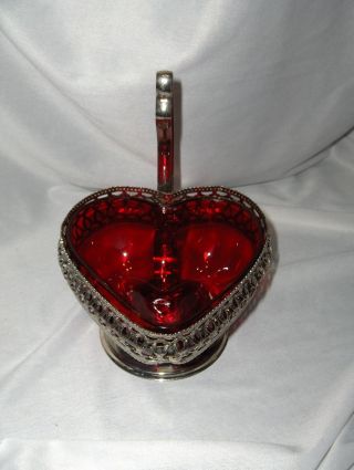 Vintage Ruby Red Glass Heart Shape Trinket Dish Chrome Pedestal & Filigree