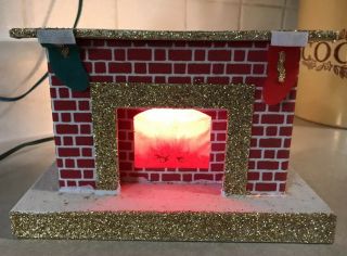 Vtg Japan Putz House Light - Up Flocked Fireplace Christmas Stocking Rare 5x7x3.  5 "