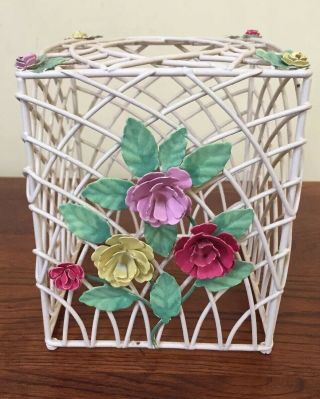 Vintage Tissue Box Cover Wire Metalware Square Floral Hand Decorated Painted