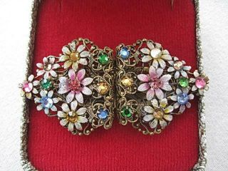 Rare Vintage Deco Czech Filigree Flowers & Paste Duet/Dress Clips Brooch/Pin VGC 4