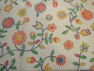 Vintage Cotton Fabric Embellished Flowers Orange Yellow Blue 47 " X 45 "