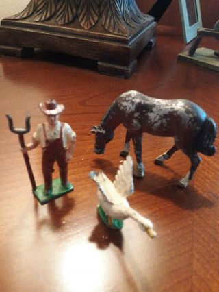 Vintage Set Of Cast Iron Metal / Farmer Pitch Fork /duck/horse Figure