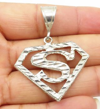 925 Sterling Silver - Vintage Shiny Etched Superman Logo Drop Pendant - P6530
