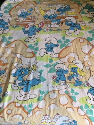 Smurfs Peyo Twin Flat Bed Sheet - Vintage Quilting Fabric Material