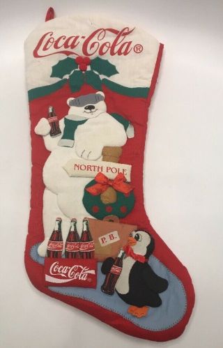 Vintage Coke Coca - Cola Penguin Polar Bear Christmas 3d Textured Stocking Holly