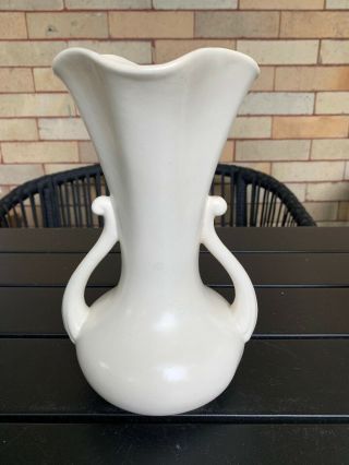 Vintage Ceramic Rumrill Pottery Matte White Double Handle Bulb Vase 9 " Tall (2)