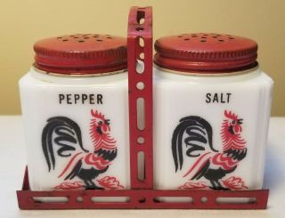 Vintage Tipp Rooster Theme Salt And Pepper Shakers With Metal Holder