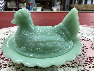 Vtg Mosser Glass Hen On Nest Jadeite Green Candy Dish Nr