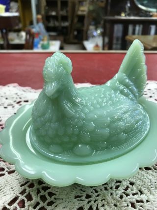 VTG Mosser Glass Hen On Nest Jadeite Green Candy Dish NR 2