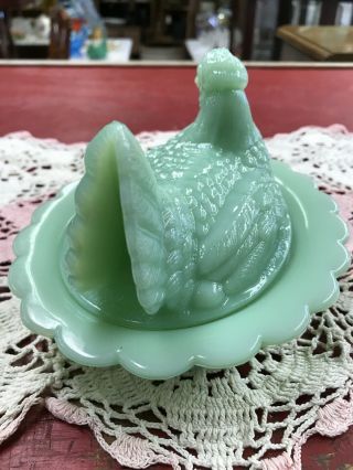 VTG Mosser Glass Hen On Nest Jadeite Green Candy Dish NR 4