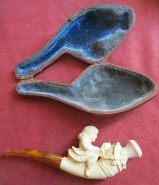 Vintage - Meerschaum Smoking Pipe Modelled As Child Mounted On Lion Or Dog