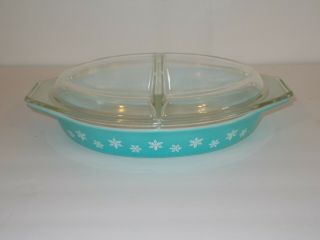 Vintage Pyrex Blue Turquoise 1.  5 Qt Snowflake Divide Casserole Dish W/ Lid