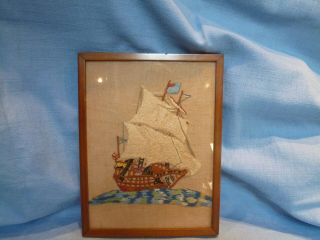 Vintage Hand Emroidered Picture Of A Boat Or Ship