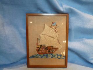Vintage Hand Emroidered Picture Of A Boat Or Ship 2