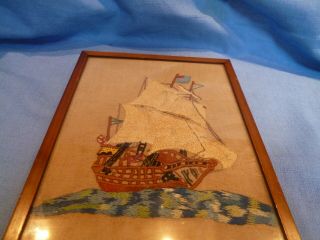 Vintage Hand Emroidered Picture Of A Boat Or Ship 3