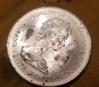 Vintage 1972 Bahamas $5 Dollars Silver Coin.  999 Solid Silver W/ Spots And